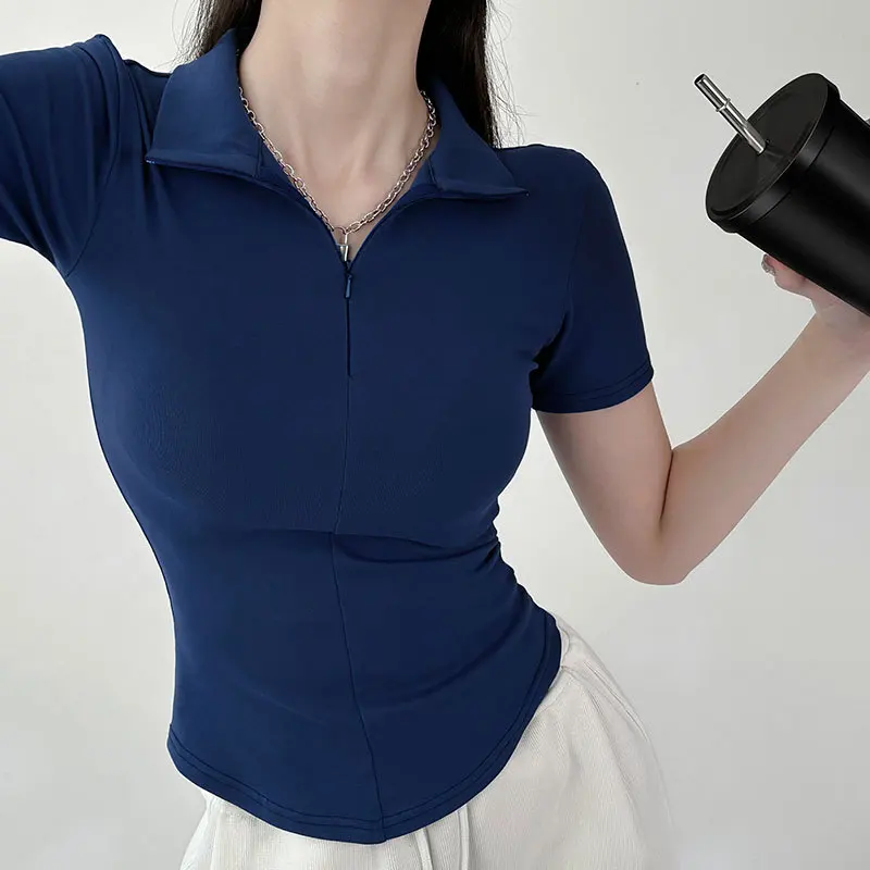 Short sleeved t-shirt for women 2024 new summer slim fit and slimming hot girl polo neck top