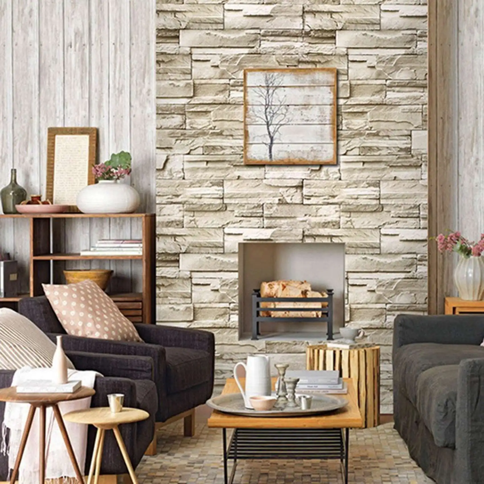 ABGG-2Pcs 6M Vinyl 3D Brick Rock Sticker Paper Self Adhesive Wallpaper Furniture Wall Stickers