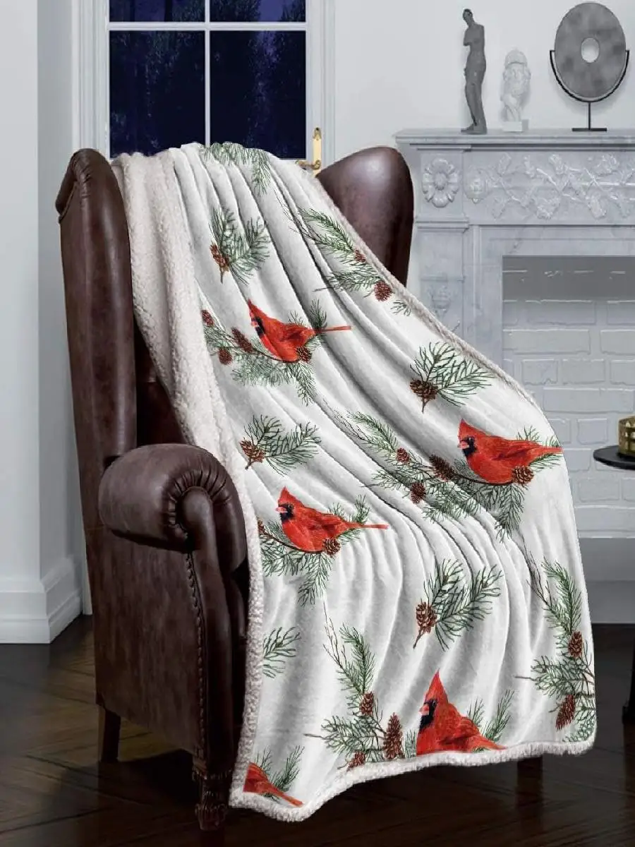 Cozy Sherpa Fleece Throw Blanket with Cardinal Birds Pine Cones Leaves Super Soft Plush Microfiber Throws for Bed Sofa Couch Dec