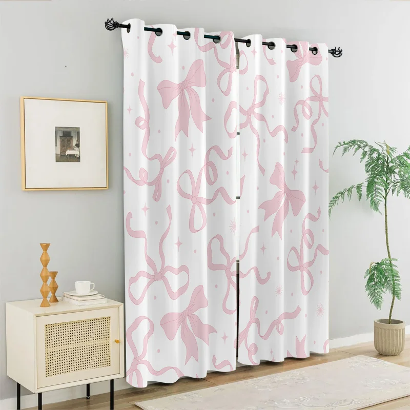 

2Pcs Kawaii Cartoon Style Pink Bow Print Perforated Blackout Curtains, Multi Size Living Room Bedroom Insulation Decoration