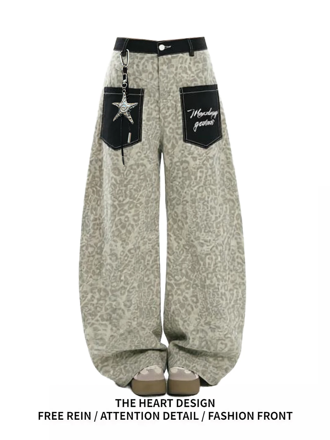 

Retro American Leopard Print Splicing Jeans Women's Loose Straight Leg Pants Spring New Design Wide Leg Pants Knife Pants