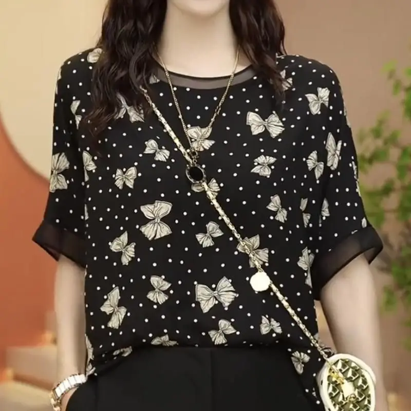 Pulls col rond en mousseline de soie pour femmes, col rond, gaze épissée imprimée, demi-manche, pois, bouton Piedmont, coréen, été, nouveau, 2024