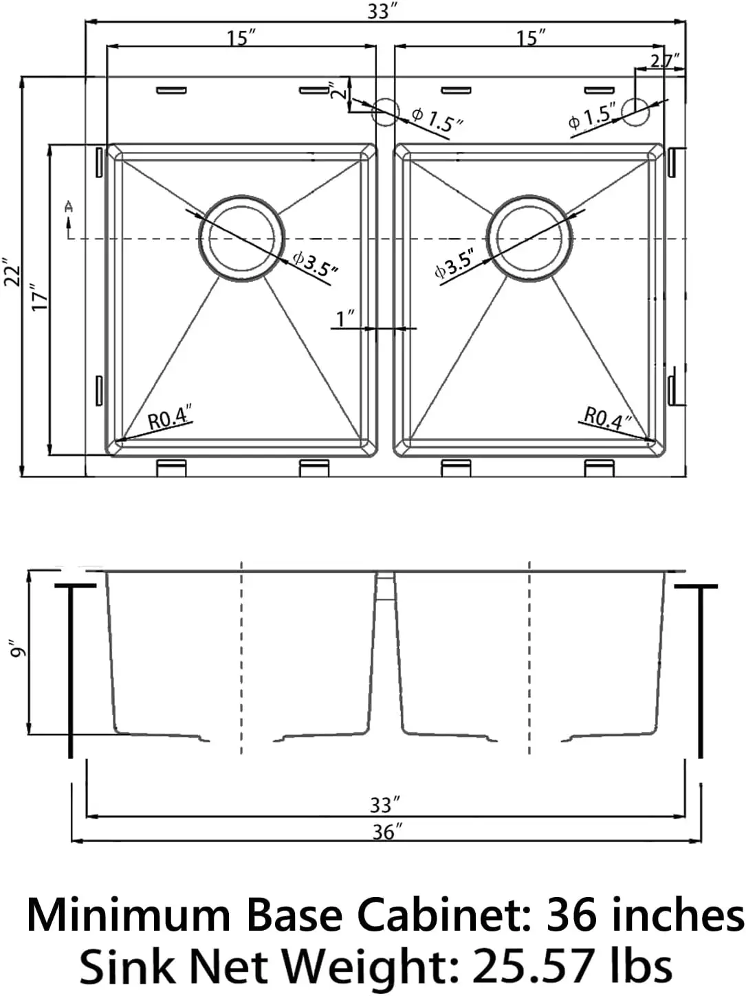 Fregadero de cocina de doble tazón, 33 "x 22" x 9 ", con calibre 18, acabado satinado de acero inoxidable 304, HT3322D-9-S (solo fregadero)