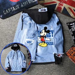 Mickey Minnie Mouse Denim Jackets Women Retro Fake Two Hoodie Jacket Drawstring Button Hooded Jean Coat Female Casual Outerwear