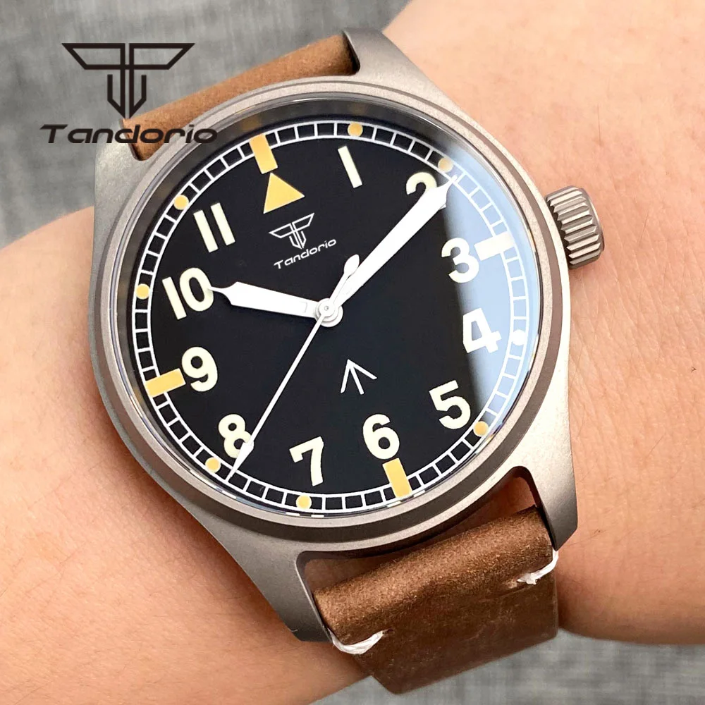 Tandorio Titanium NH35A 39mm 20bar Automatic Pilot Dive Watch for Men Sapphire Crystal Screw Crown Leather Strap Green Luminous