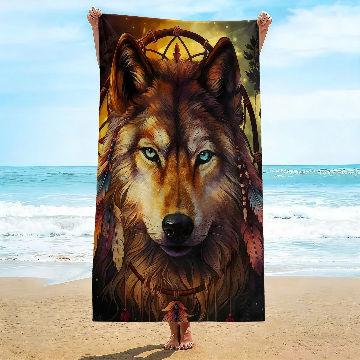 1pcs Boho Wolf Beach Towel, Tribal Dreamcatcher & Wolf Portrait Pattern Bath Towel, Mystic Wildlife Inspired Beach Blanket