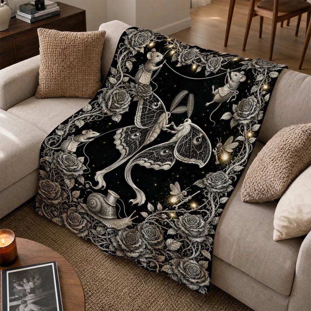 Deluxe Gothic Roses Moths Spider Throw Blanket Sofa Cover Victorian Dark Academia Fall Autumn Cozy Knit Plush Decor Gift Tapestr