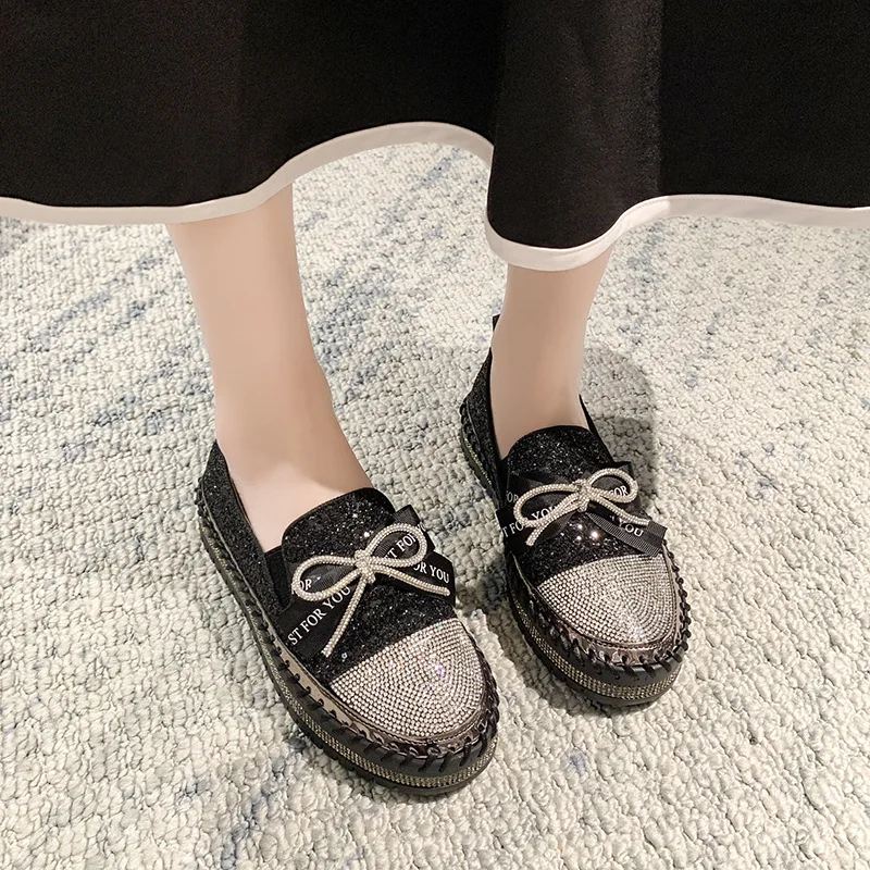 2023 Spring New Shiny Rhinestone Loafers Women\'s One Step Thick Soled Bow Muffin Bottom Cover Foot Single Shoe Sneakers