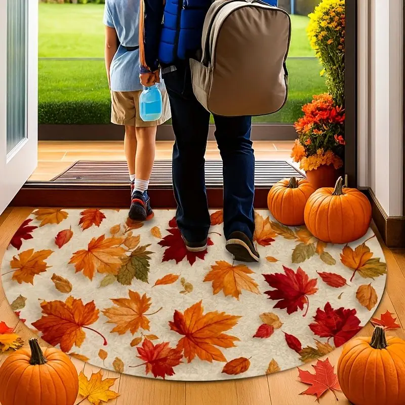 VIKAMA Fall Maple Leaf Half Round Door Mat Autumn Print Non Slip Rug For Entryway Bathroom Bedroom Thanksgiving Decor