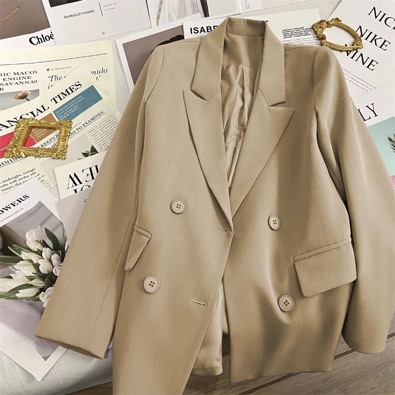

Женский пиджак на осень-весну с длинным рукавом, двубортное свободное пальто с лацканами, тонкие повседневные куртки, офисные женские винтажные пиджаки