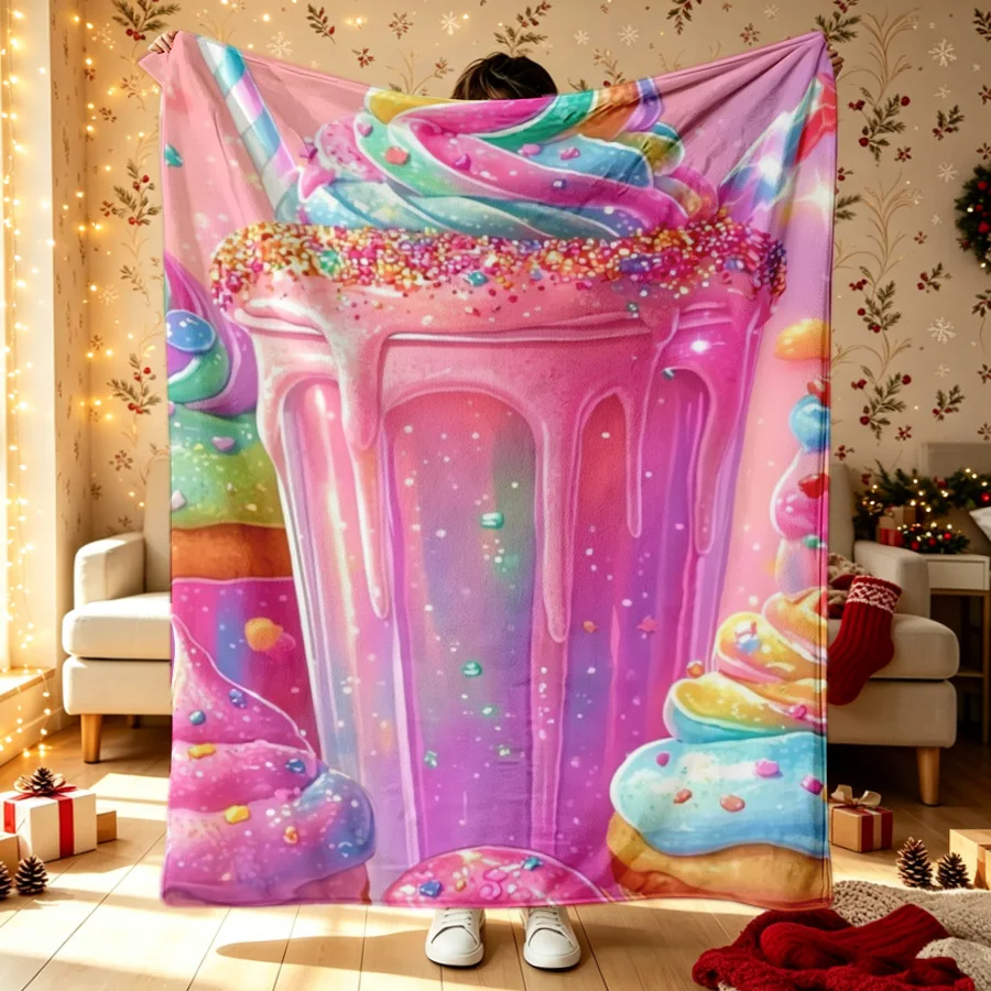 Bright Macaron Hues Milkshake Cupcakes Printed Flannel Throw Blanket, Dessert & Snacks 2D Single-Sided Printed Decor