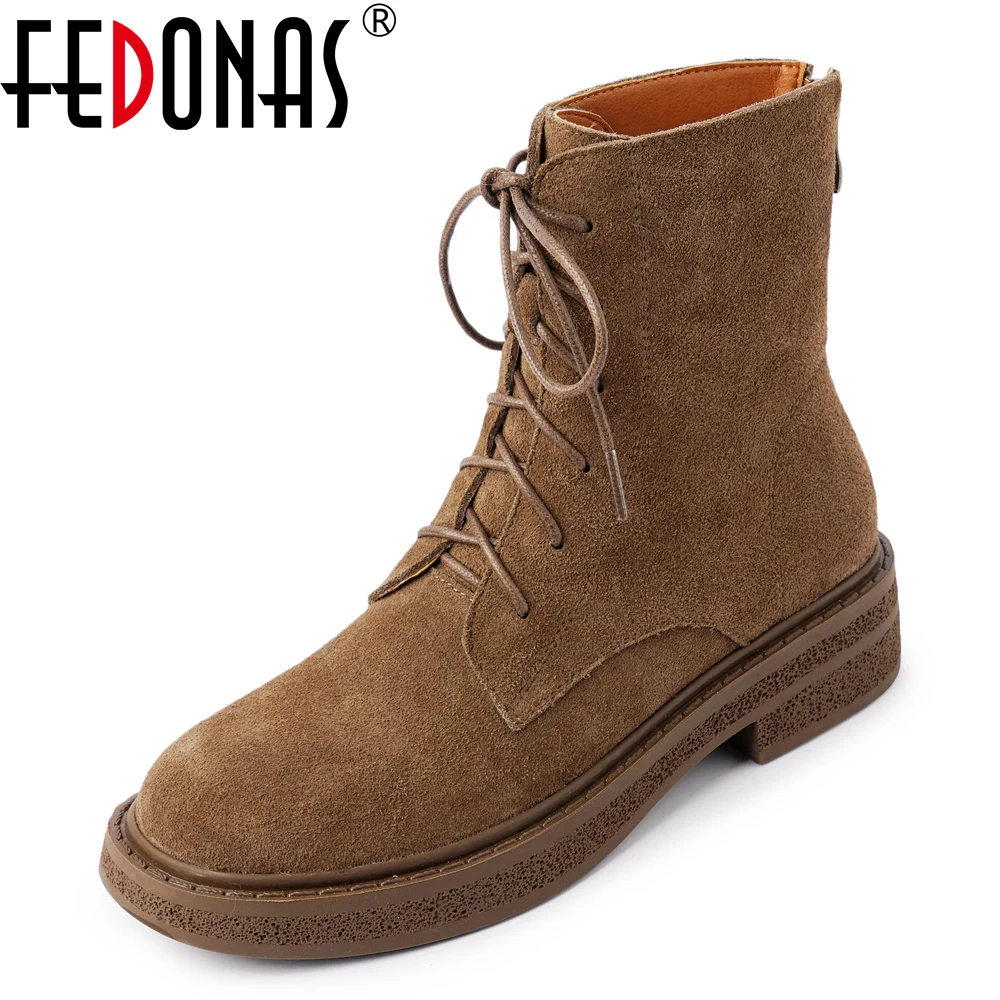 FEDONAS/женские ботильоны в стиле ретро, мотоциклетные ботинки из коровьей замши на низком каблуке, теплые осенне-зимние короткие ботинки с перекрестной завязкой, женская обувь