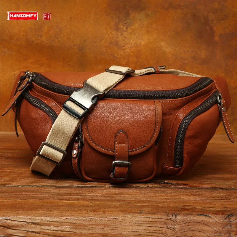 Vegetable Tanning Leather Waist Pack Backpack Fashion Trend Genuine Leather Chest Bag Casual Men's Outdoor Crossbody Bags