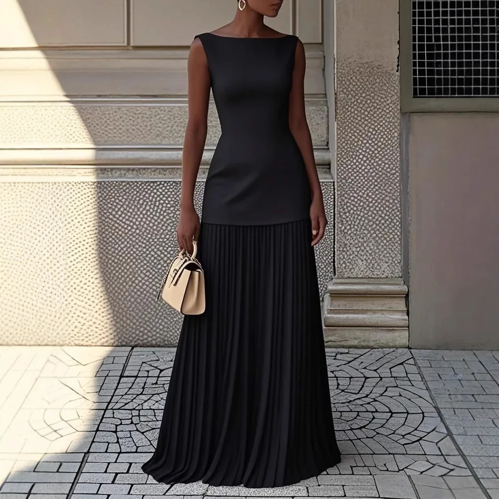 Women's Elegant Solid Pleated Skirt Sets Splice Pleated Two Piece Sexy Slash Neck Sleeveless Tank Top Outfits Hollow Slim Suits