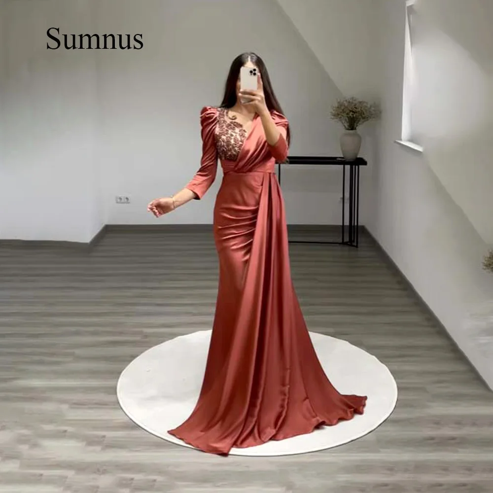 Sumnus arábia sereia vestidos de noite apliques decote em v três quartos elastano com trem vestido de noite feminino formal