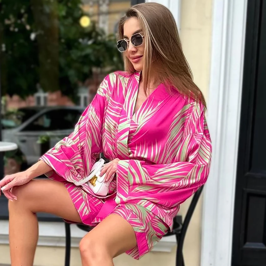 HiLoc Printed Fashion Woven Inelastic Women'S Pajamas 2-Piece Long Sleeve V-Neck Wrapped Lace-Up Nightgown Elastic Waist Shorts