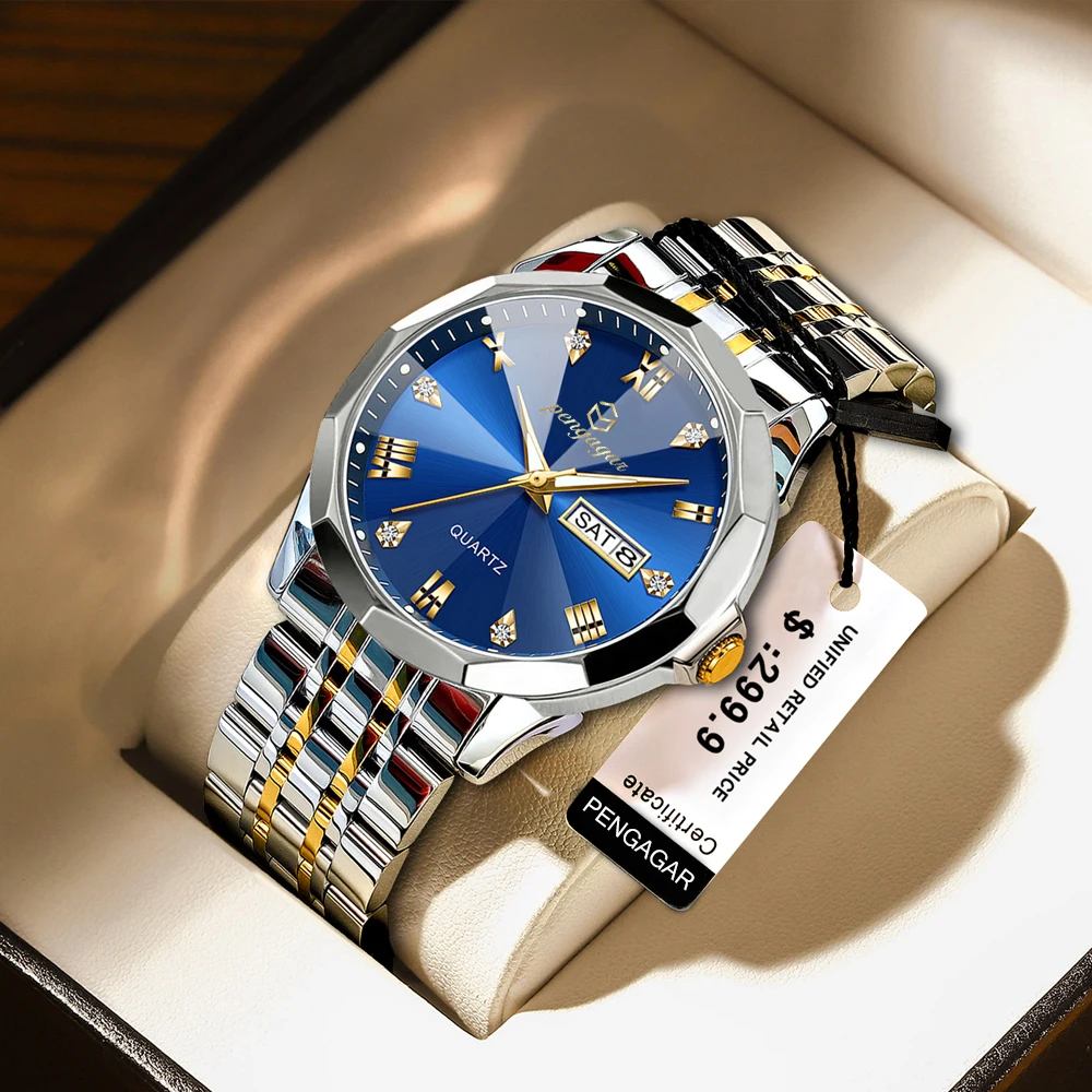 Men Watch Water Diamond Luxury Night Glow Double Calendar Quartz Movement 41mm Blue Gold Stainless Steel Fashion Business Watch