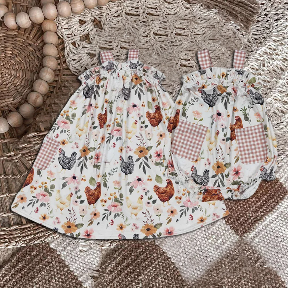 

z823-03 GSD0841 baby girls dresses Matching Chicken Pocket Sleeveless Dress Wholesale kids clothes girl summer baby rompers