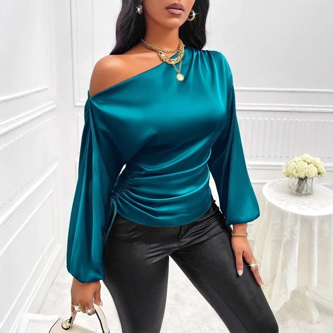 

New Women's Satin Shirt Spring and Summer Asymmetrical Long Sleeve Slant Neck Shirt Top Europe and America