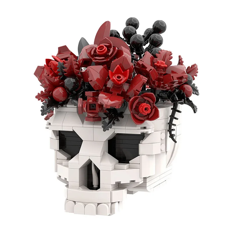 MOC Skull Rose Flower Pot DIY Building Blocks Creative Gifts for Kids Adults Halloween Dark Romance Home Decor Model Kits Toys