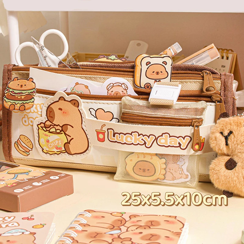 Capybara Multi-Layer Large Capacity Pencil Bag Cute Cartoon Pencil Case Stationery Organizer Storage Bag For Students Gift