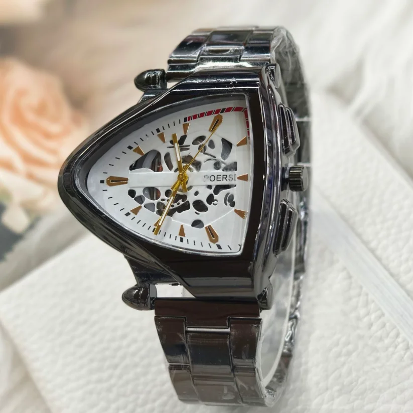 New Fashion Luxury Man Triangular Hollow Leather Fake Mechanical Watch Men Business Sports Stainless Steel Quartz Watches Gifts