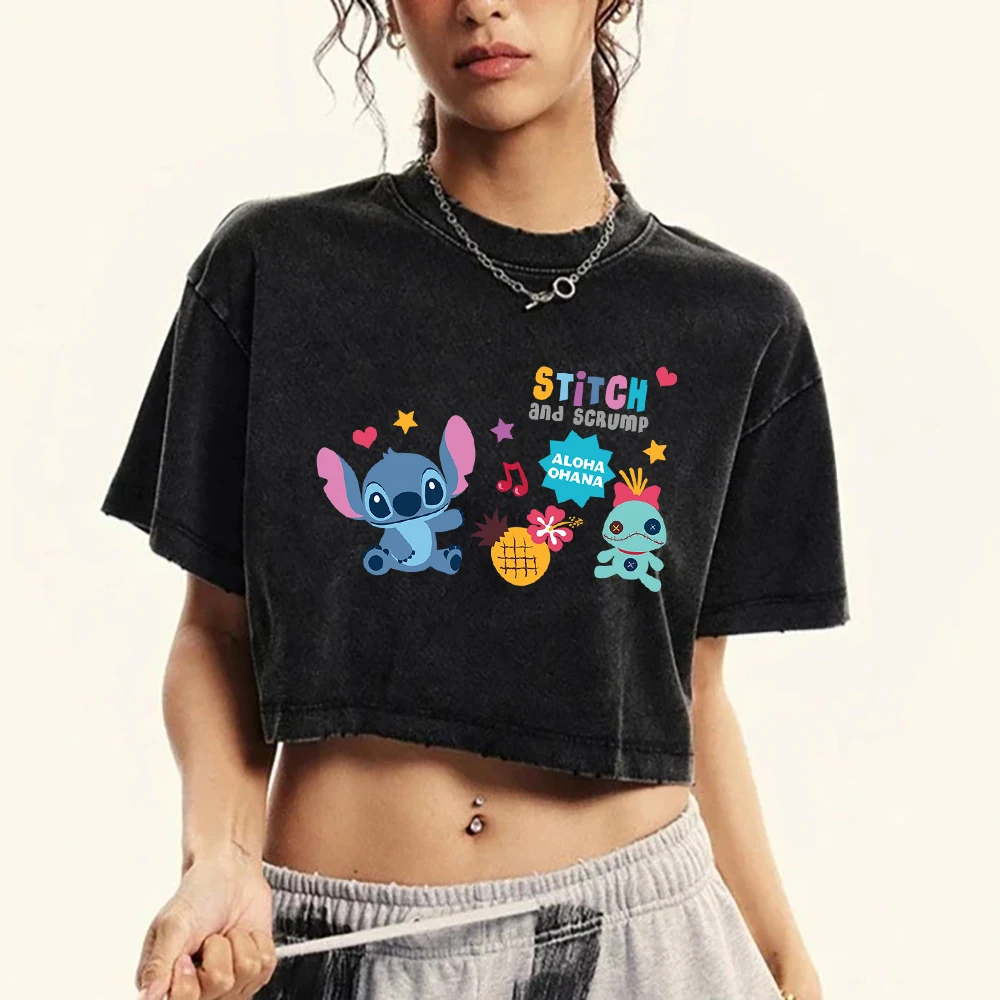 Disney Stitch Scrump T Shirts Lady Summer American Retro Cotton T Shirt Breathable Shoulder Drop T-Shirt Sexy Crop Short Sleeved