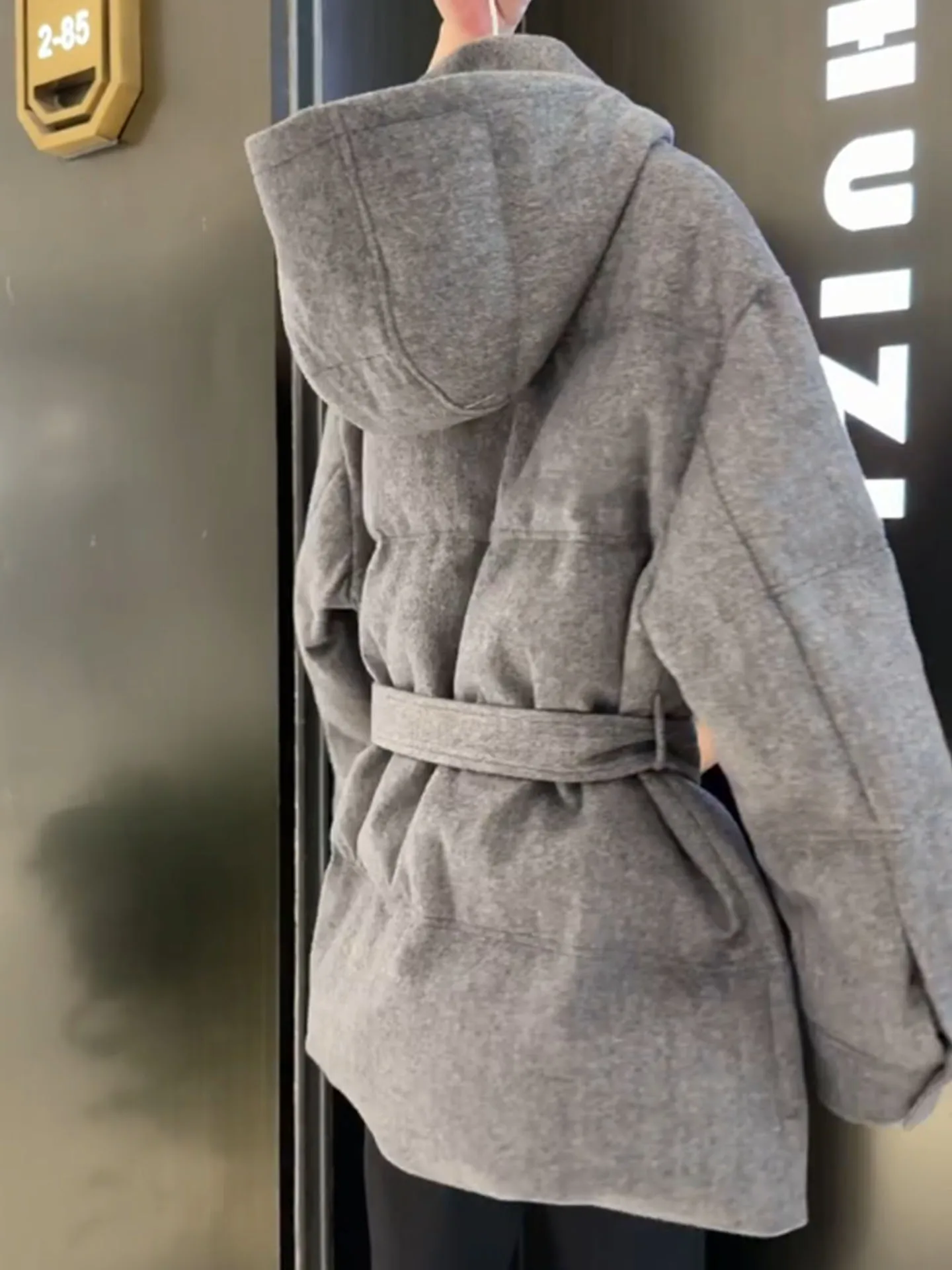 Ele ey Hooded Mid-Length down Jaet Women's Thiened Warm Slimming Outerwear Commute Sle High Waist Polyester Fiber