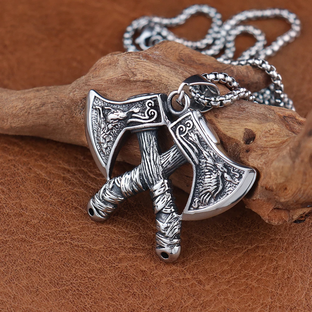 Classic Viking Double Axe Pendant Chain Mens Vintage Stainless Steel Nordic Wolf and Eagle Necklace Amulet Scandinavian Jewelry