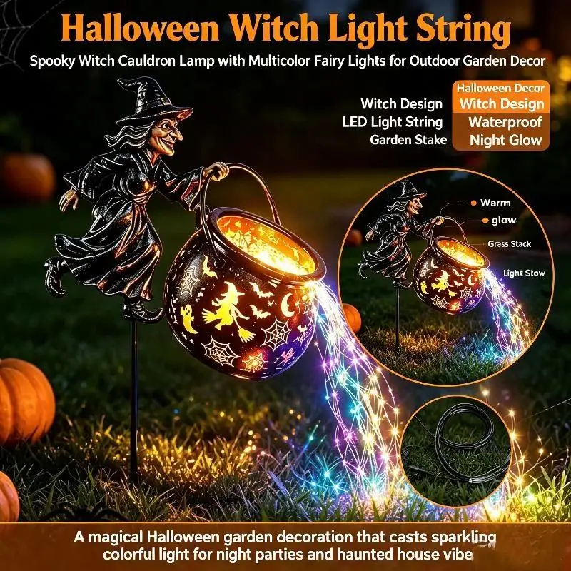 New Halloween Witch Cauldron Stake Light: Outdoor LED Flowing String Waterproof Garden Yard