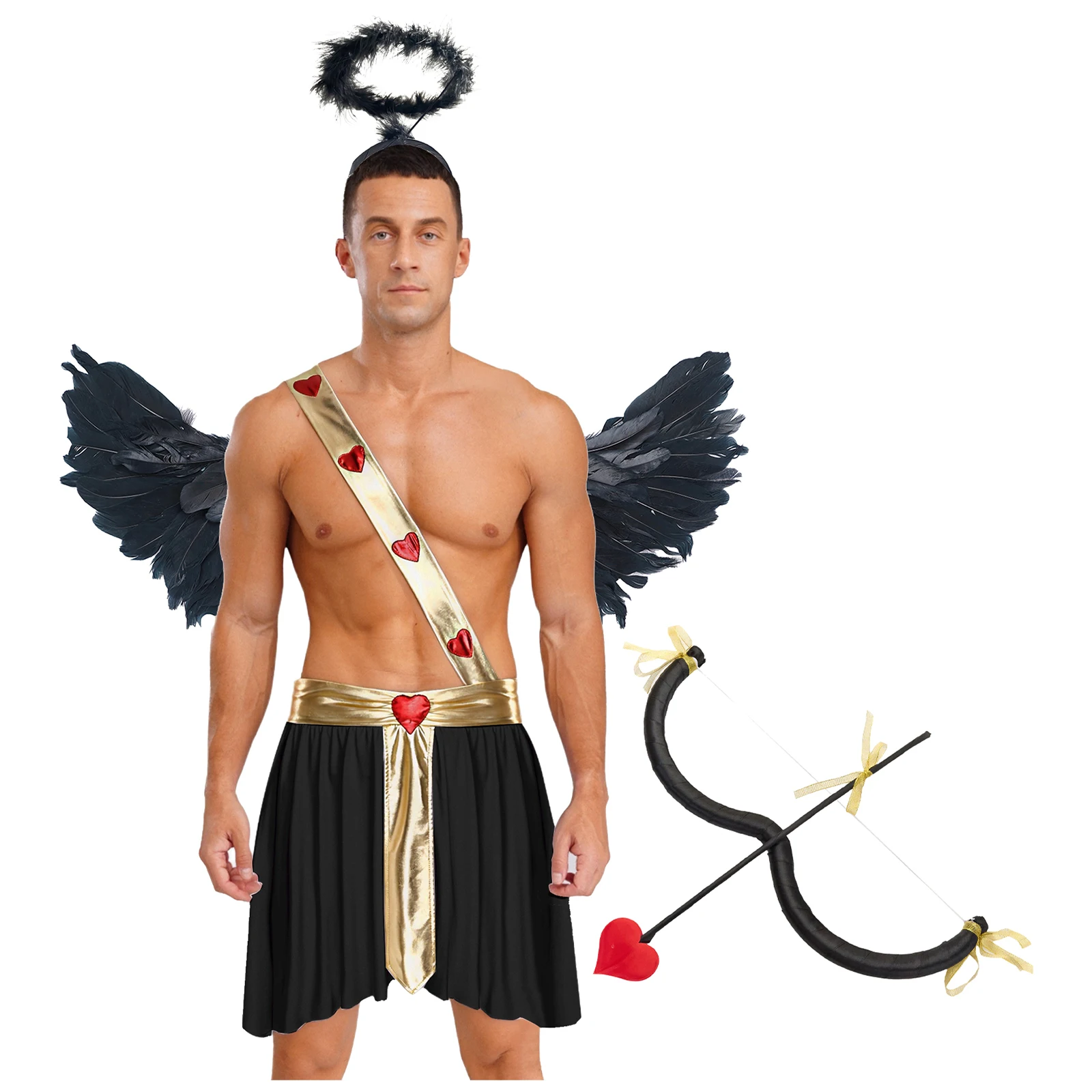 

Men Cupid Cosplay Costume Halloween Angel Roleplay Sets Carnival Party Heart Pattern Skirt with Sleeves and Wings Angel Headwear