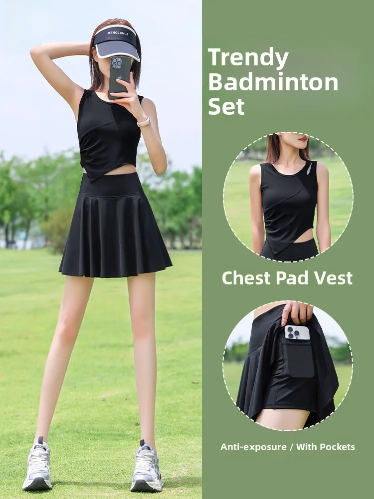 

Women's Badminton Sportswear Set Qui Dry Running Yoga Vest Tennis ort Skirt Fitn Outfit round Ne Two Piece Suit