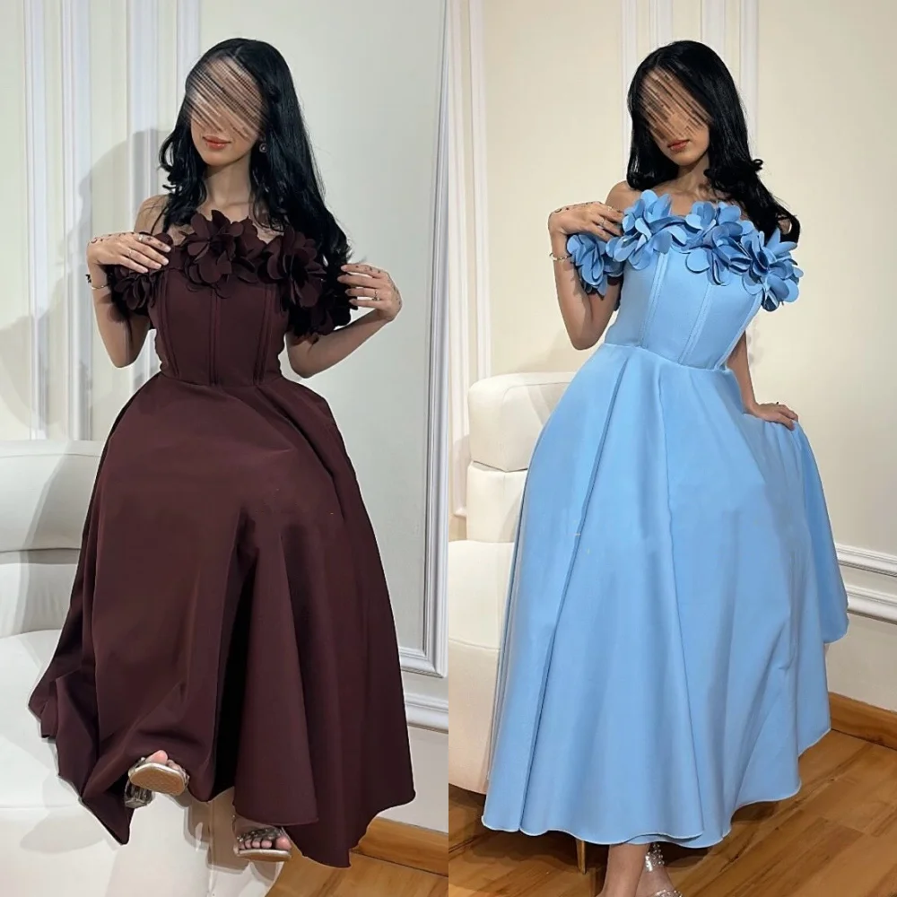 Satin Flower Draped Cocktail Party A-line Off-the-shoulder Bespoke Occasion Gown Long Sleeve Dresses