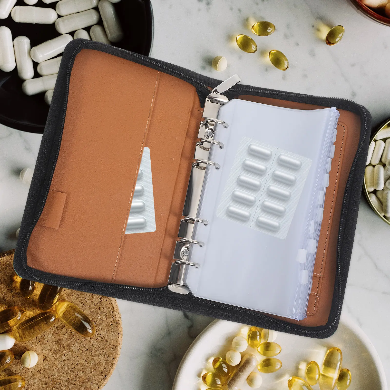 

1Set Medicine Storage Bag Waterproof Loose-Leaf Organizer Portable Travel Case PU Material Pill Holder Daily Organizer
