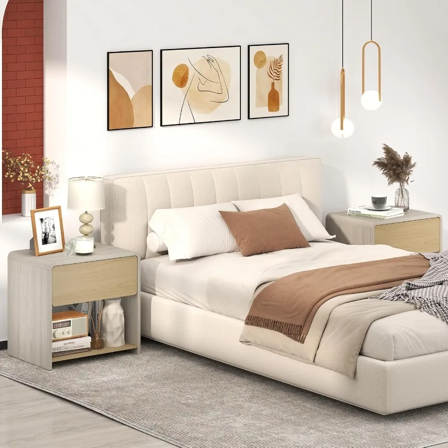 Mesita de noche moderna con cajón, juego de 2 mesitas de noche de madera con estante abierto de almacenamiento, mesa auxiliar decorativa para espacios pequeños, diseño curvo