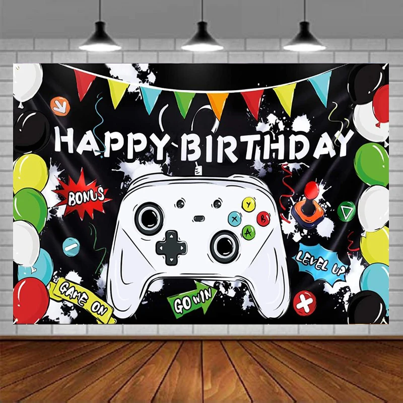 Watercolor Video Game Happy Birthday Photography Backdrop Gaming Party Decorations For Boys Banner Party Supplies Background