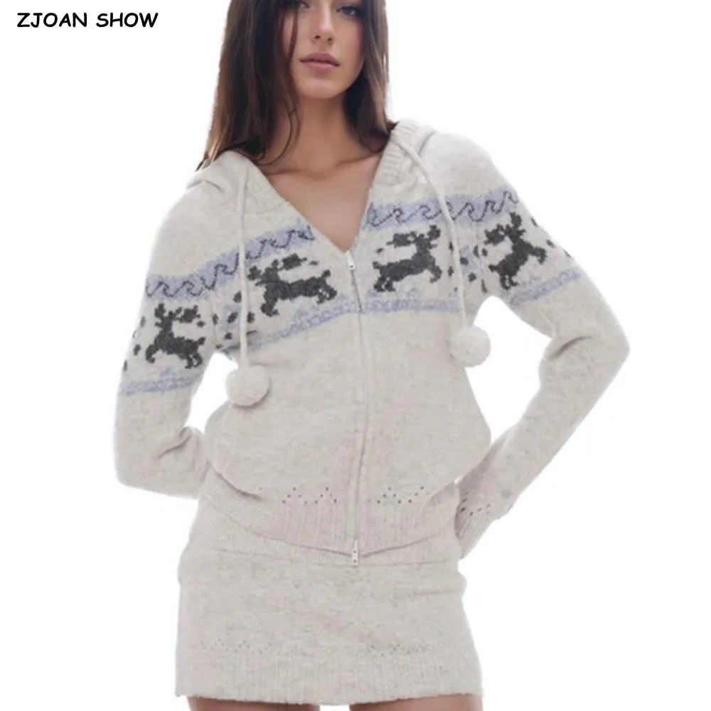 

2 colors 2025 Autumn Double Zipper Head Ball Tassel Hooded Knitted Cardigan Elastic Waist Package Hips Mini Skirt Matching Set
