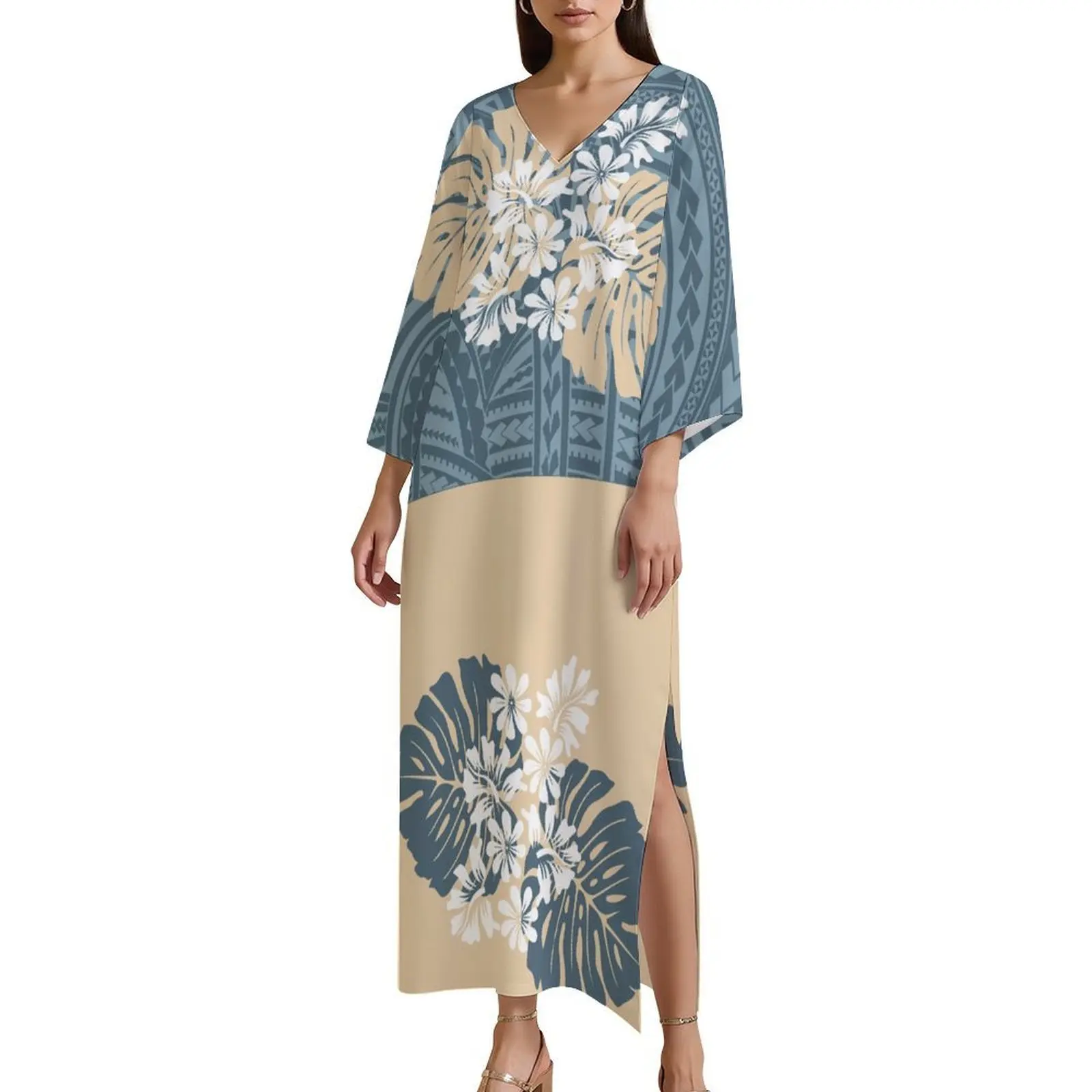 

Polynesian Customizable Caftan Dress Twilight Dinner Airy Linen Island Print Relaxed Luxury Evening Vibe