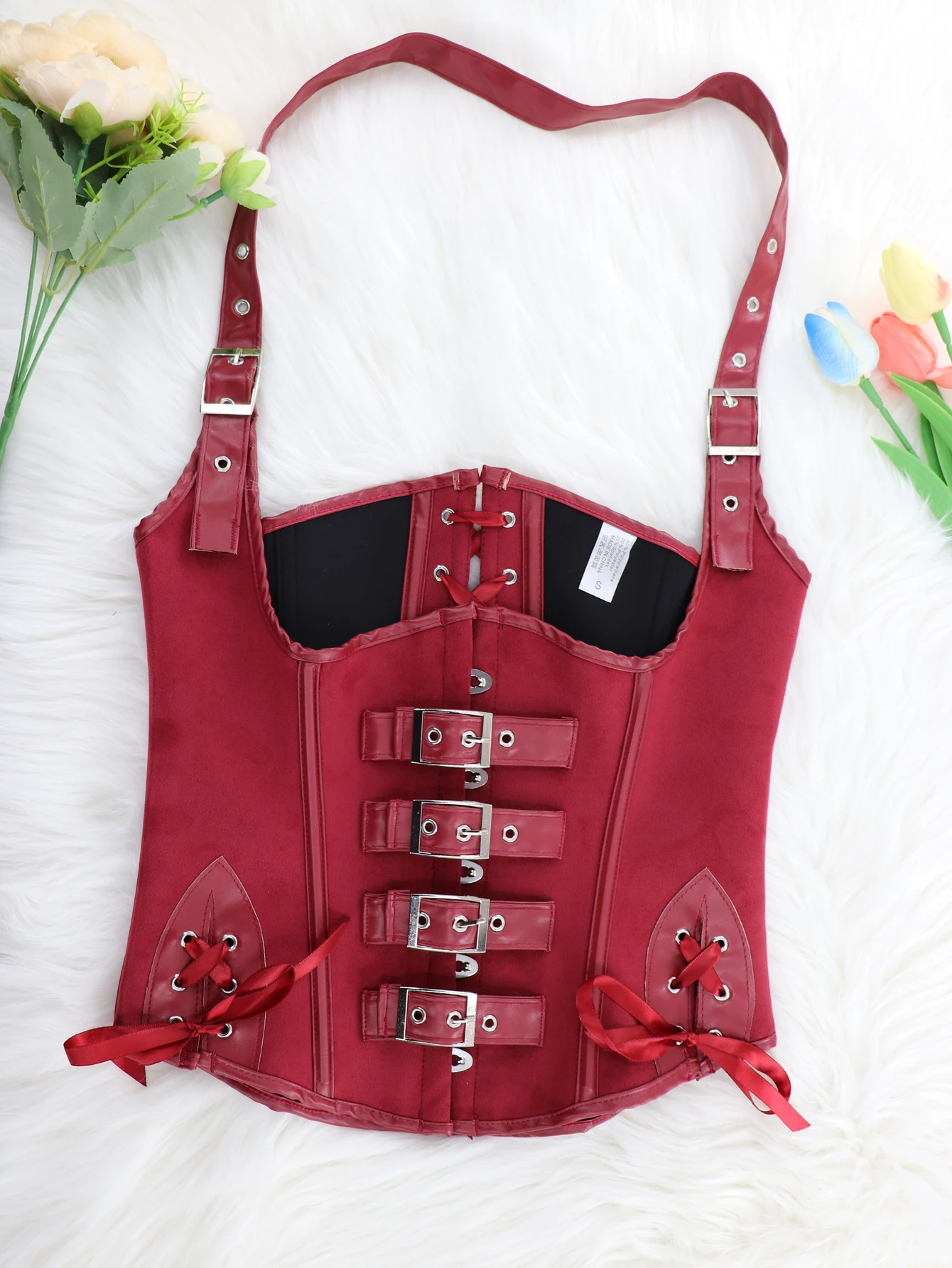 Red corset steampunk bustiers and corsets PU leather corselet underbust women halter top boned lace up halloween costume vintage - view 5
