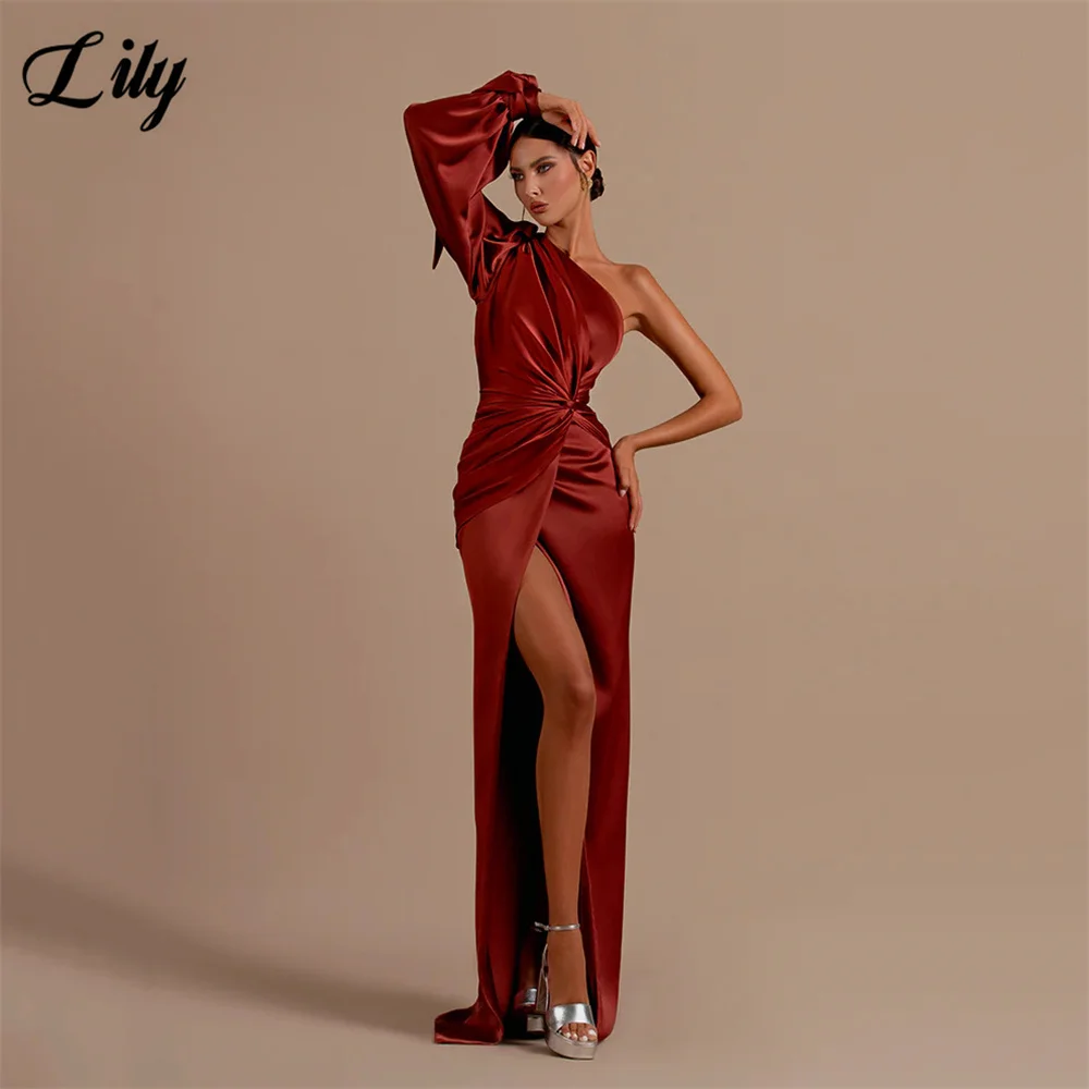 

Lily Burgundy Evening Dresses One Shoulder Full Sleeves Stain Prom Dresses With High Split Pleat Mermaid вечернее платье люкс