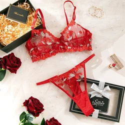 Yimunancy Cherry  Embroidery Lingerie Set Women Sexy Bra + Brief Underwear Set Red 2-Piece Sexy Intimates Set