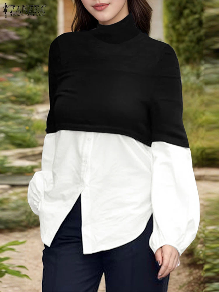 

ZANZEA 2022, модные вязаные рубашки, женские топы с длинными рукавами, водолазка, лоскутная пуговица, повседневная блузка, осенняя вечеринка, элегантные блузки