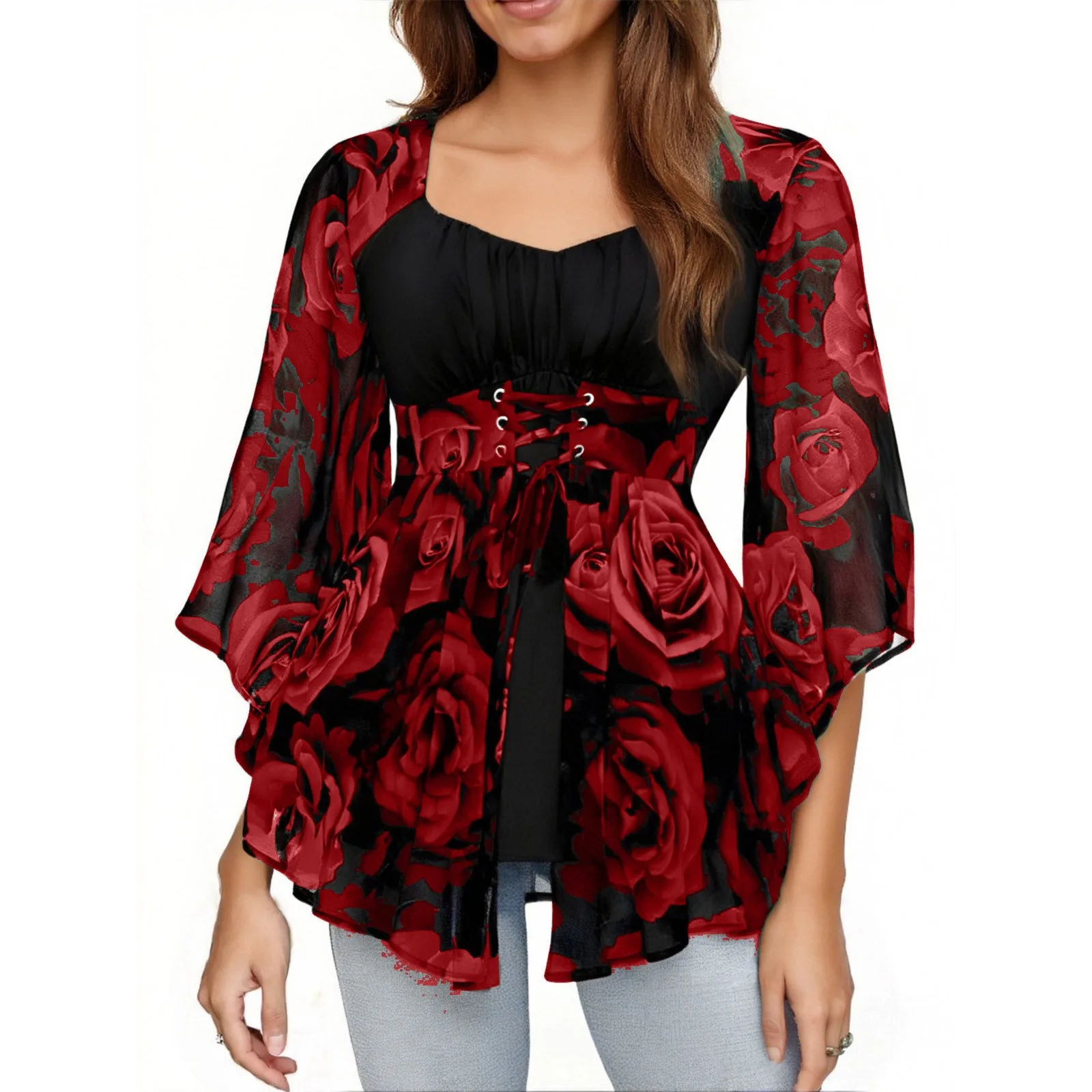 

Женские топы средней длины больших размеров, модная футболка с принтом роз, нерегулярными рукавами и v-образным вырезом, вечерние элегантный пуловер, топ