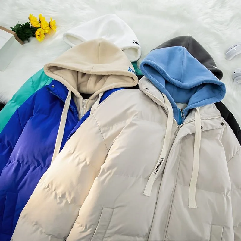 Nuevas chaquetas acolchadas de algodón gruesas de lana de invierno para hombres y mujeres, abrigos cálidos para parejas de moda con bloques de Color y cuello levantado