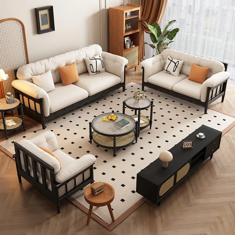 

French retro fabric sofa living room small apartment three-person straight row antique Nordic cloud all solid wood sofa