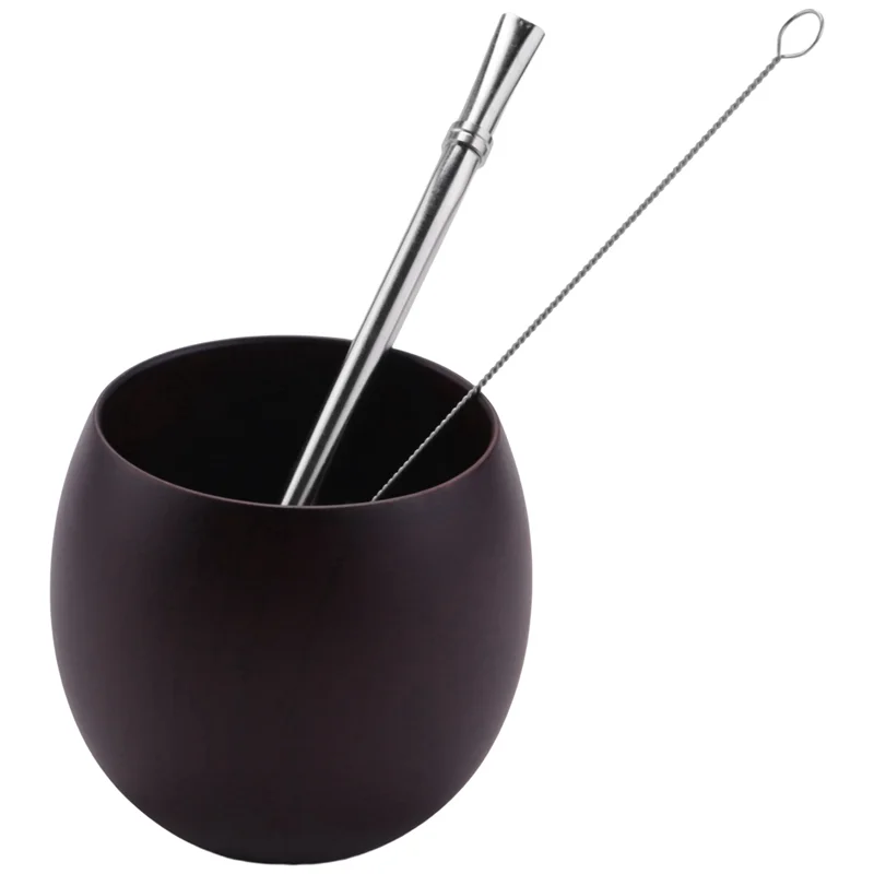 AB42-3X Wooden Yerba Gourd Mate Tea Set Handmade Natural Wood Coffee Water Mate Cup With Spoon Straw Brush 200ML(Deep)