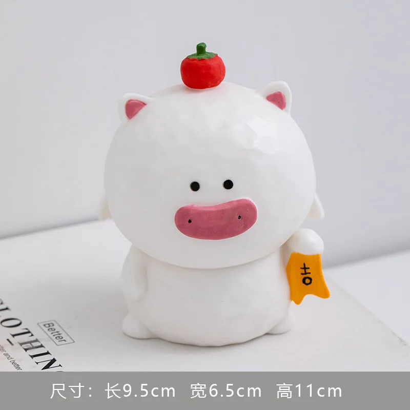 National Trend Cute Lucky Cat Ceramic Figurine,CartoonHealing Kitty Statue Kawaii Oriental Tabletop Home Decor Ornament