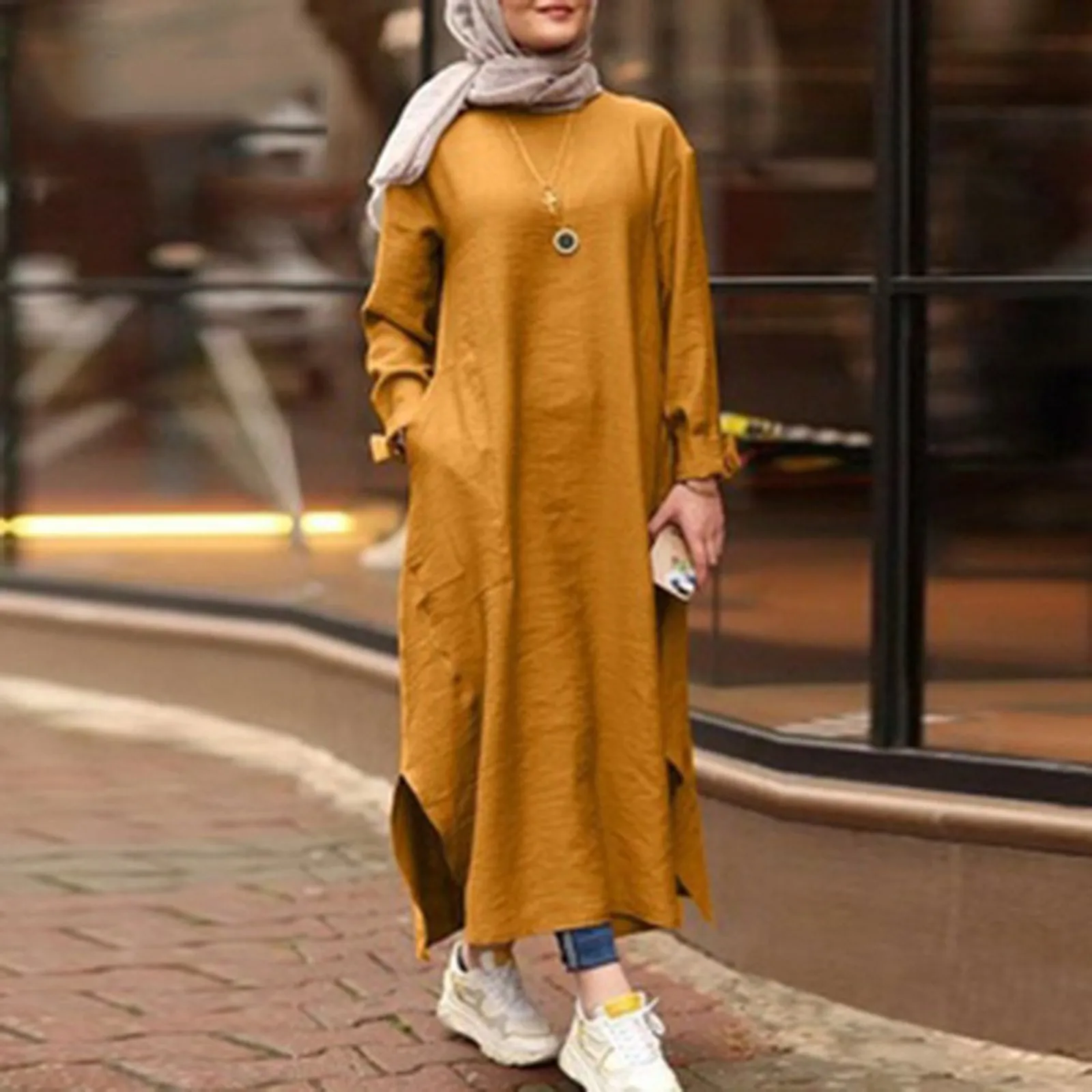 Ladies Loose Simplicity Muslim Robes Women's Dubai Outfits Solid Color Round Neck Long Sleeved Casual Dresses With Pocket