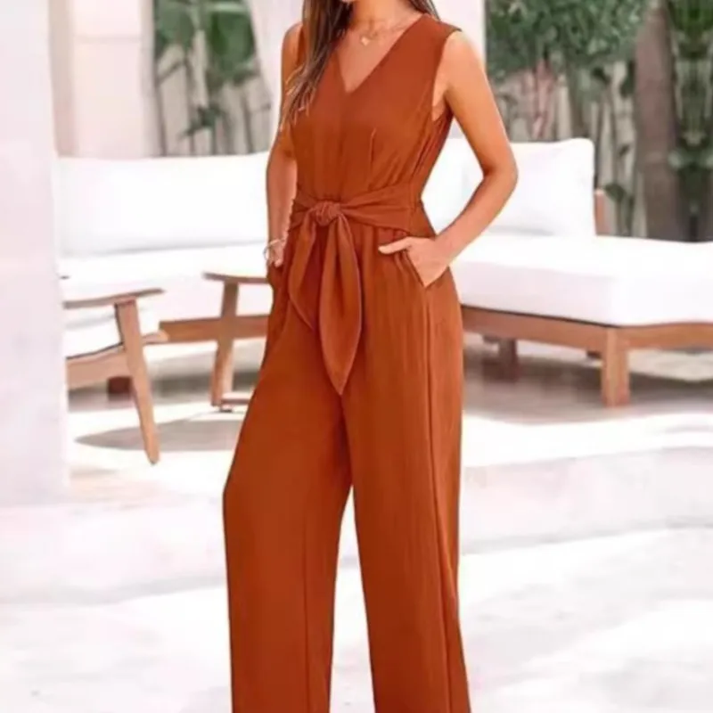 

Женский новый модный летний комбинезон с V-образным вырезом, повседневный, с широкими штанинами, однотонный, без рукавов, на шнуровке, с завышенной талией