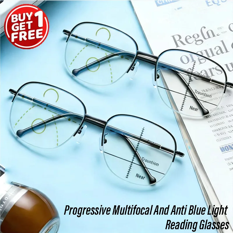 2pcs Progressive Multifocal Reading Glasses Women Men Anti-Blue Light Half Frame Bifocal Presbyopia Eyeglasses +100 To +400